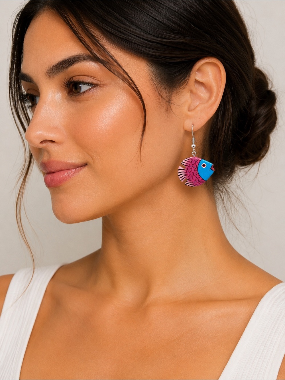 Bright Pink and Blue Fish Drop Earrings - Women Tropical Jewelry